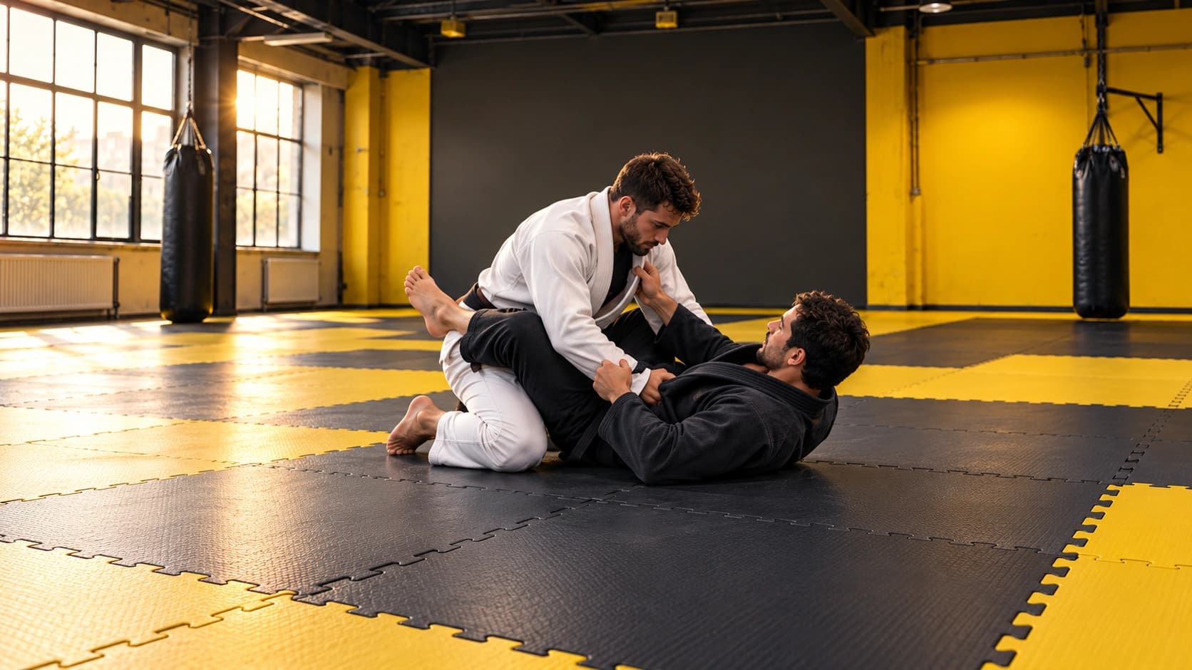 Academia de artes marciais com tatames EVA pretos e amarelos profissionais