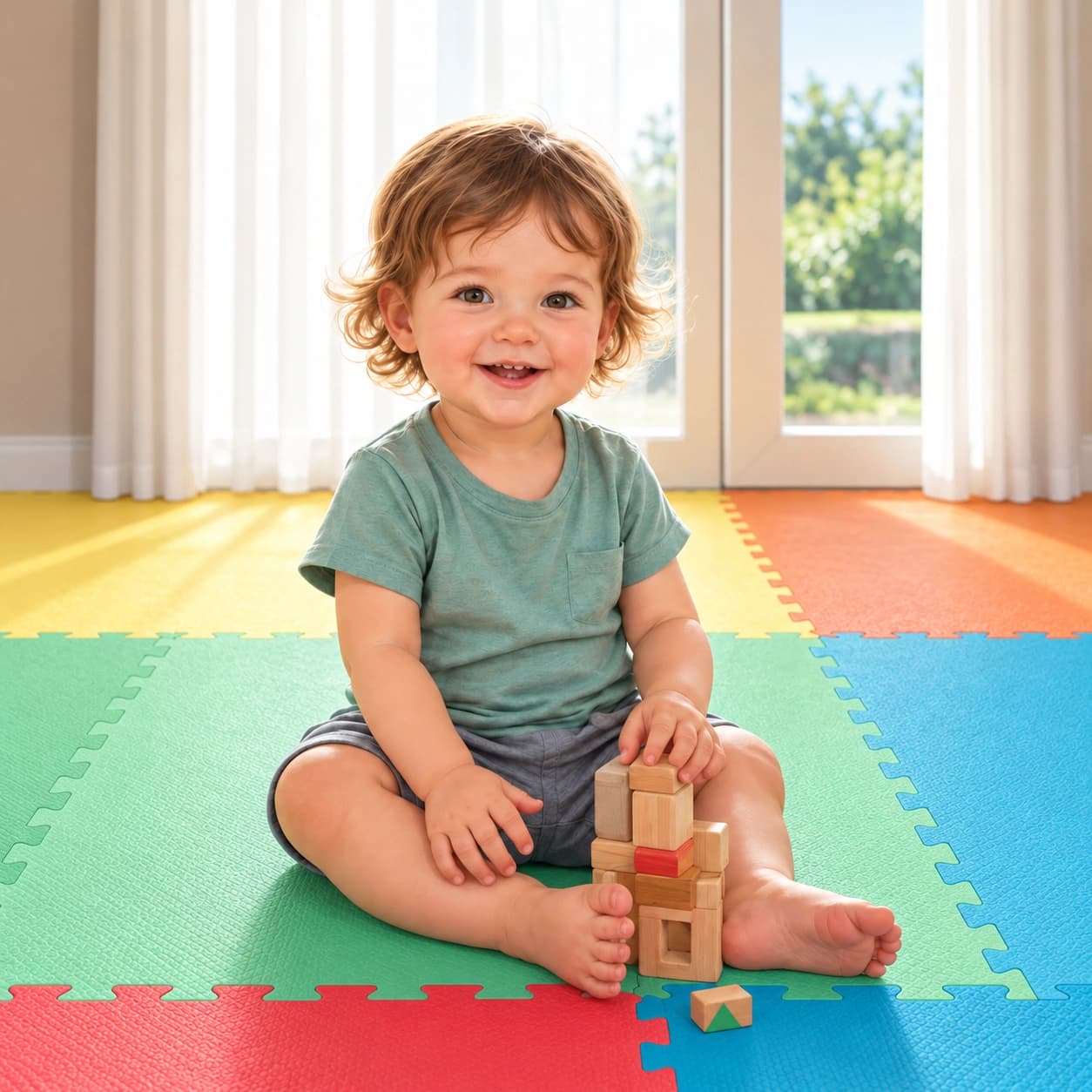 Criança feliz brincando em tatames coloridos em quarto iluminado