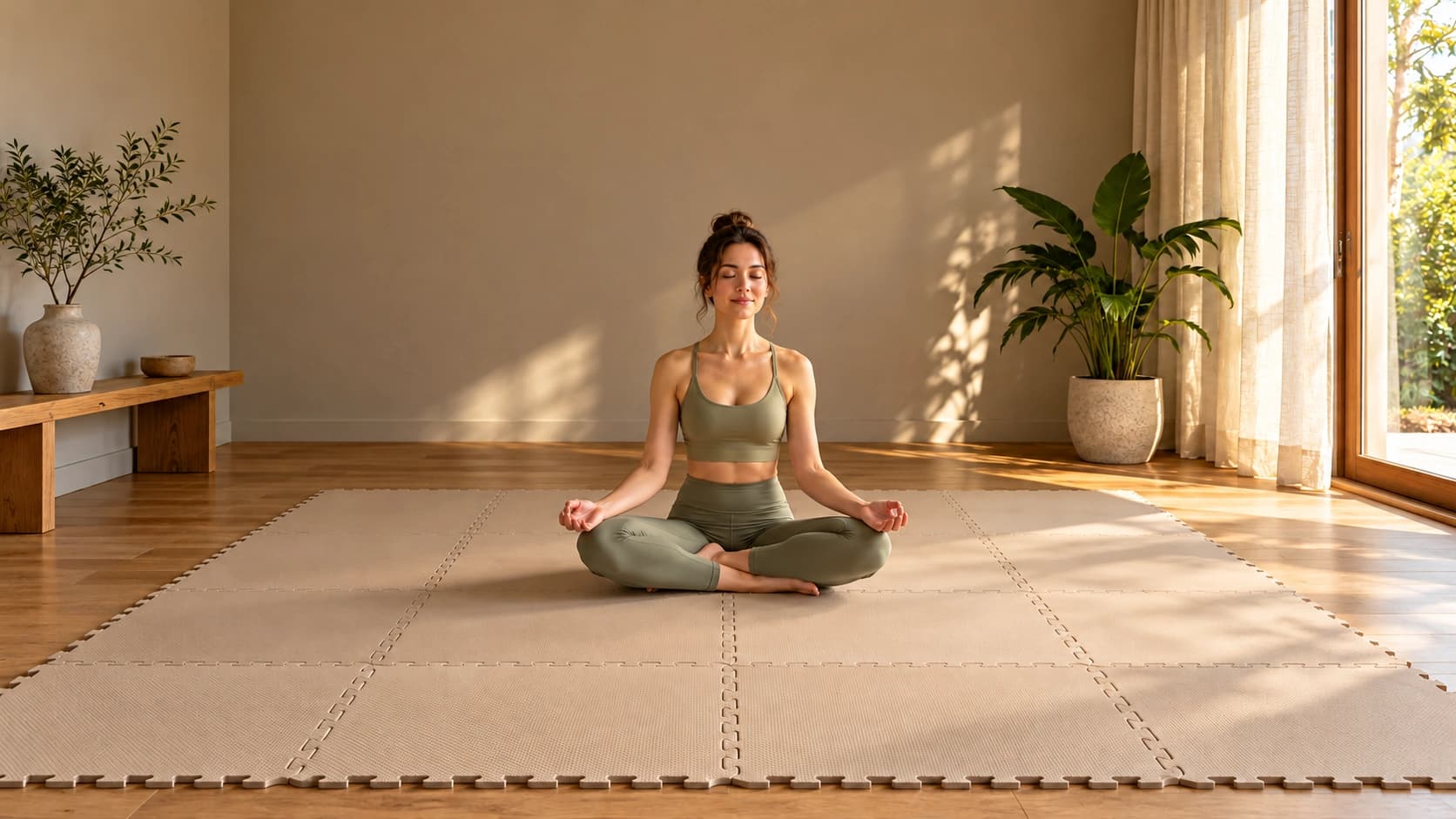 Sala de estar moderna e minimalista com tatame EVA no chão e luz natural